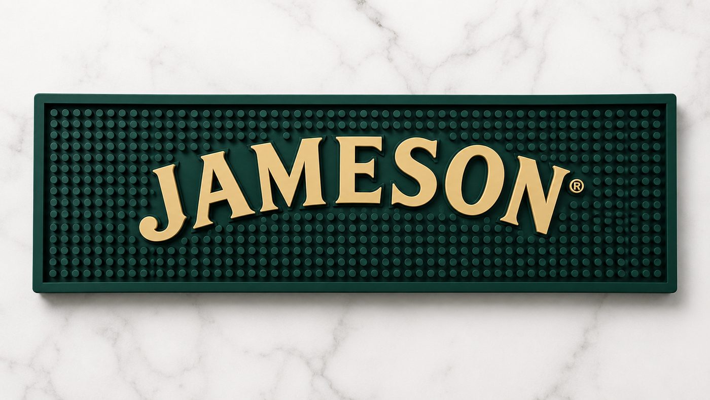 Jameson green studded bar runner with raised gold lettering