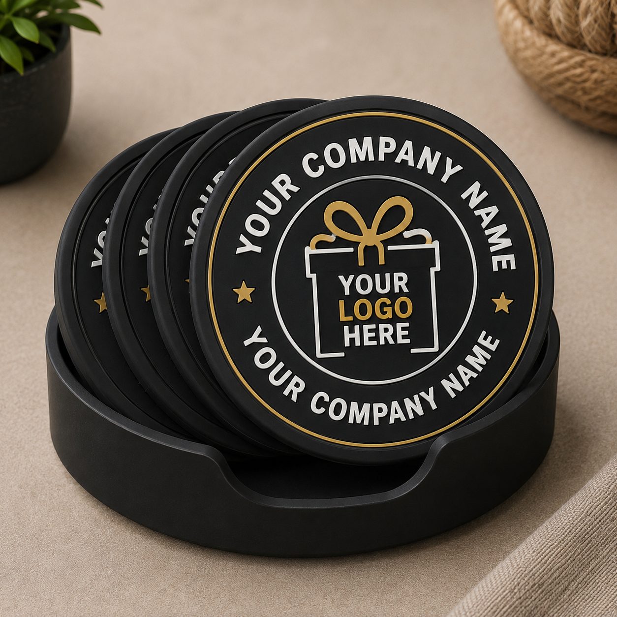 Round black PVC coaster set stacked in a moulded holder