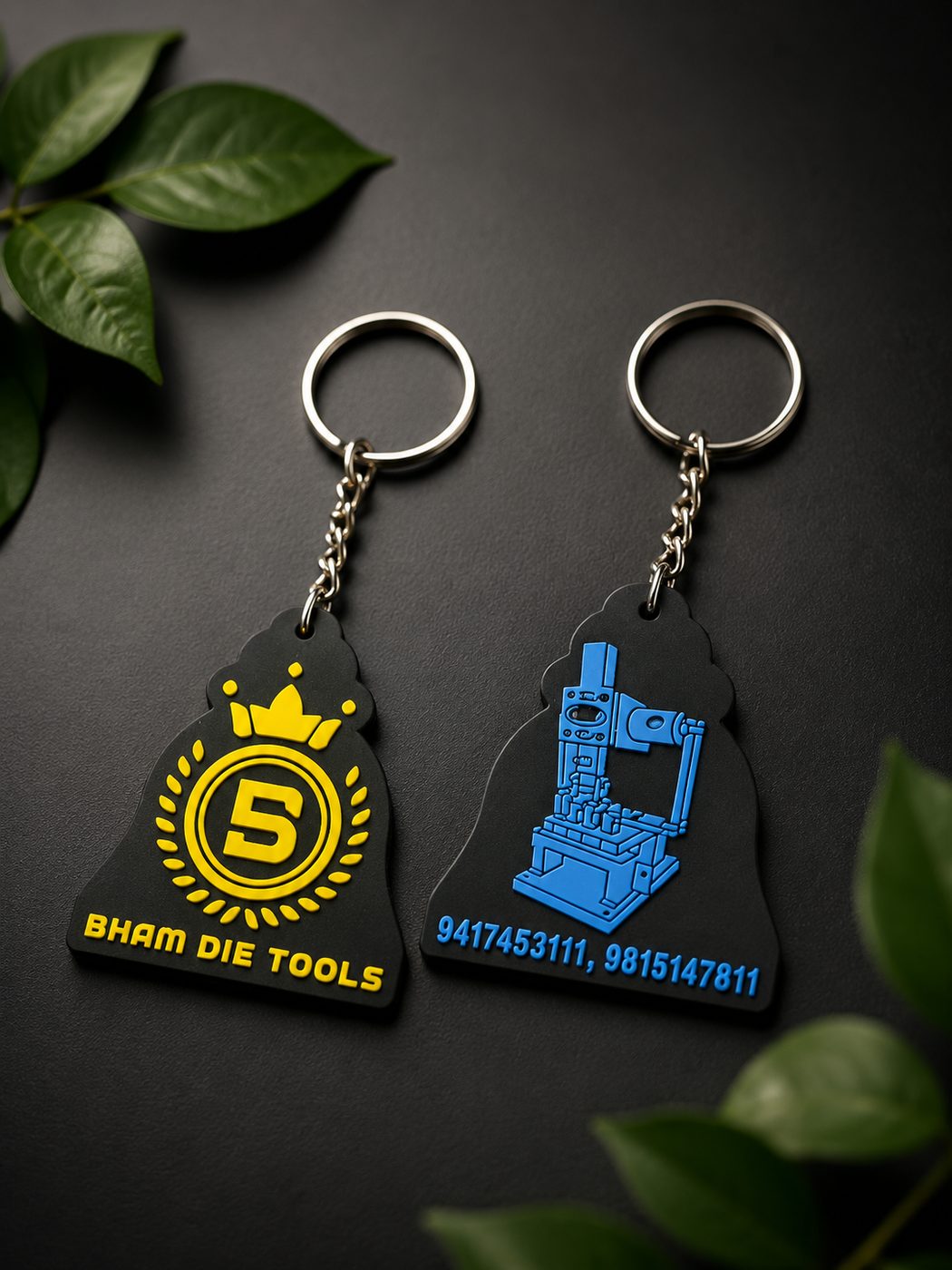 Bham Die Tools die-cut PVC keychains with raised gold and blue lettering
